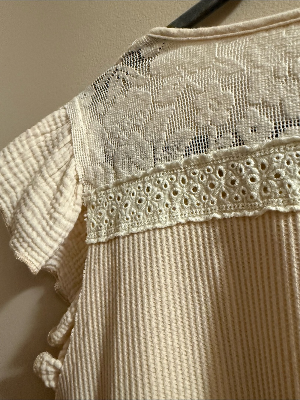 POL Cream Lace & Eyelet Button-Front Flutter Sleeve Top - Picture 5 of 5